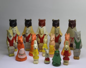 Brinquedos de celuloide soviéticos muito raros do conto de fadas Teremok. Luva de desenho animado vintage. Brinquedo da URSS. Urso. Lobo. Raposa. Coelho. Lebre. Sapo.