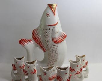 vintage porcelain decanter fish with 6 shot glasses, white Polonne  porcelain, soviet carafe, dishes Ukraine porcelian gift idea wineglass