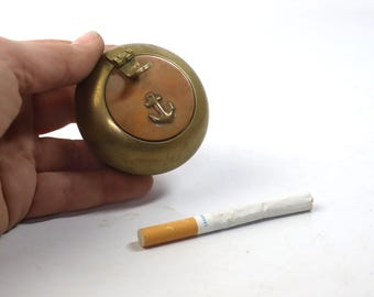 vintage pocket brass ashtray, portable ashtray, travel ashtray, pill box, nautical anchor, sailor gift, captain gift, nautical theme decor