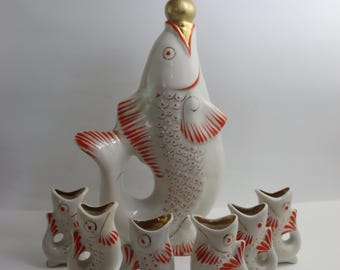 vintage porcelain decanter fish with 6 shot glasses, white Polonne  porcelain, soviet carafe, dishes Ukraine porcelian gift idea wineglass