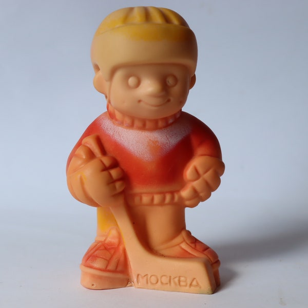vintage rubber toy hockey player moscow, hockey stick, puck, hockey, soviet toy, ussr vintage game, soviet propaganda, boy doll, rubber boy