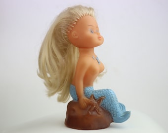 vintage mermaid girl, GDR toy, old doll, vintage toy, DDR puppet, rubber mermaid doll,  female woman pupa girl