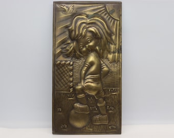 Vintage Soviet Metal Embossed Wall Plaque Boy Football Soccer Player, USSR 1970s 1980s Repousse Art Metal Relief presswork chekanka