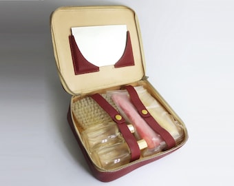 Vintage Soviet Travel Grooming Kit, 1970s USSR Toiletry Set in Faux Leather Case, Men's Shaving Set, Retro Gift for Him, Vanity Case