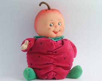 rare vintage Frutti Village Bebe Fruit Baby Doll plush Strawbella Strawberry rubber face doll