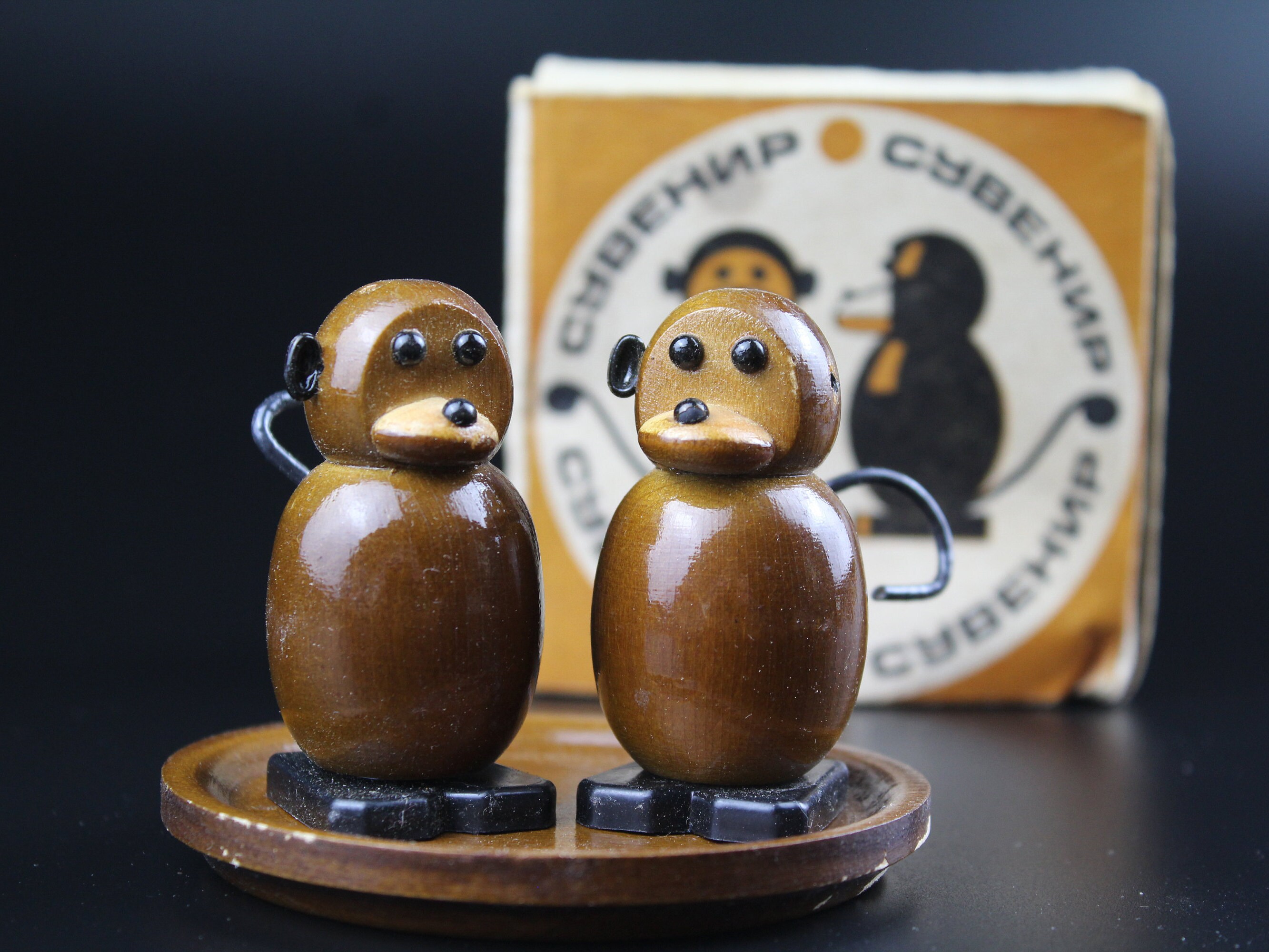 Vintage Spices Set Monkey, Wooden Salt Shaker, Soviet Kitchen Set