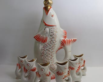 vintage porcelain decanter fish with 6 shot glasses, white Polonne  porcelain, soviet carafe, dishes Ukraine porcelian gift idea wineglass