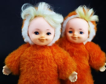 two vintage soft twins baby dolls, baby doll, puppet, girl toy, rubber face doll, DDR vintage plush toy,USSR toy, germany vintage, gdr toy