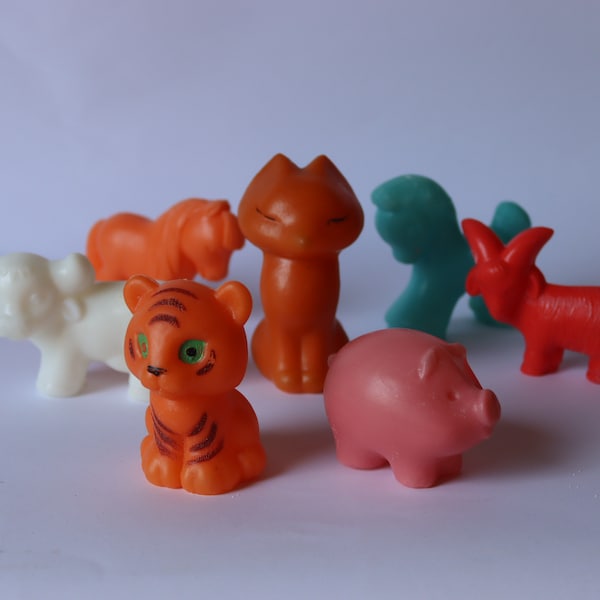 vintage set of plastic animals for little children, soviet plastic animal toy, russia doll, horse, donkey, tiger cub, fox, cow, goat, pig