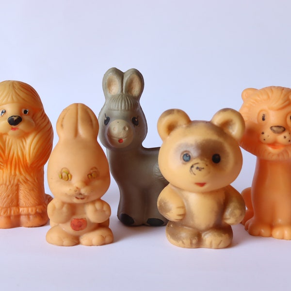 vintage set of rubber animals for little children, soviet rubber animal toy,russia doll, bunny, poodle dog, lion, bear, donkey, rabbit, hare