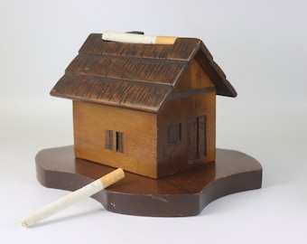 rare vintage wooden cigarette dispenser house, holder hand carved soviet desk cigarette case made in ussr keeper cigar handmade souvenir