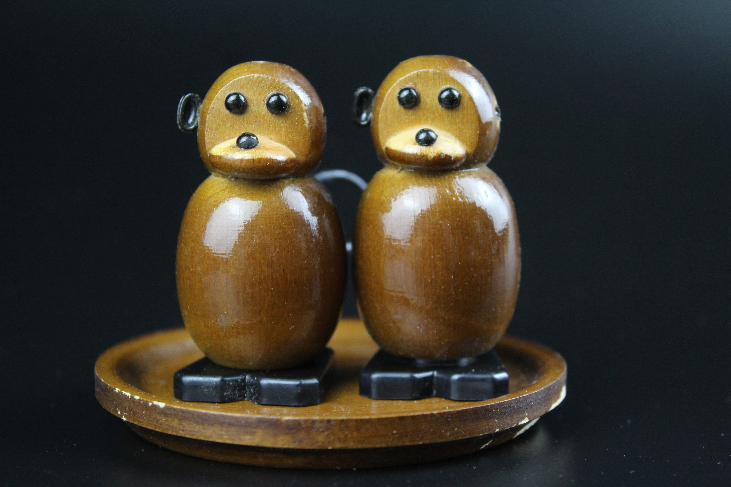 Vintage Spices Set Monkey, Wooden Salt Shaker, Soviet Kitchen Set