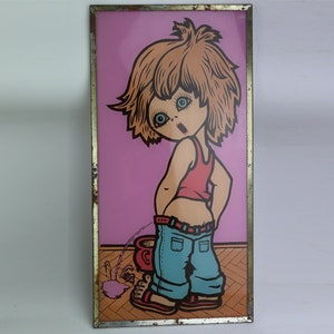 vintage metal picture pissing boy, soviet wall decor, door decor, restrom nameplate, wc sign, bathroom pointer, russia, USSR memorabilia