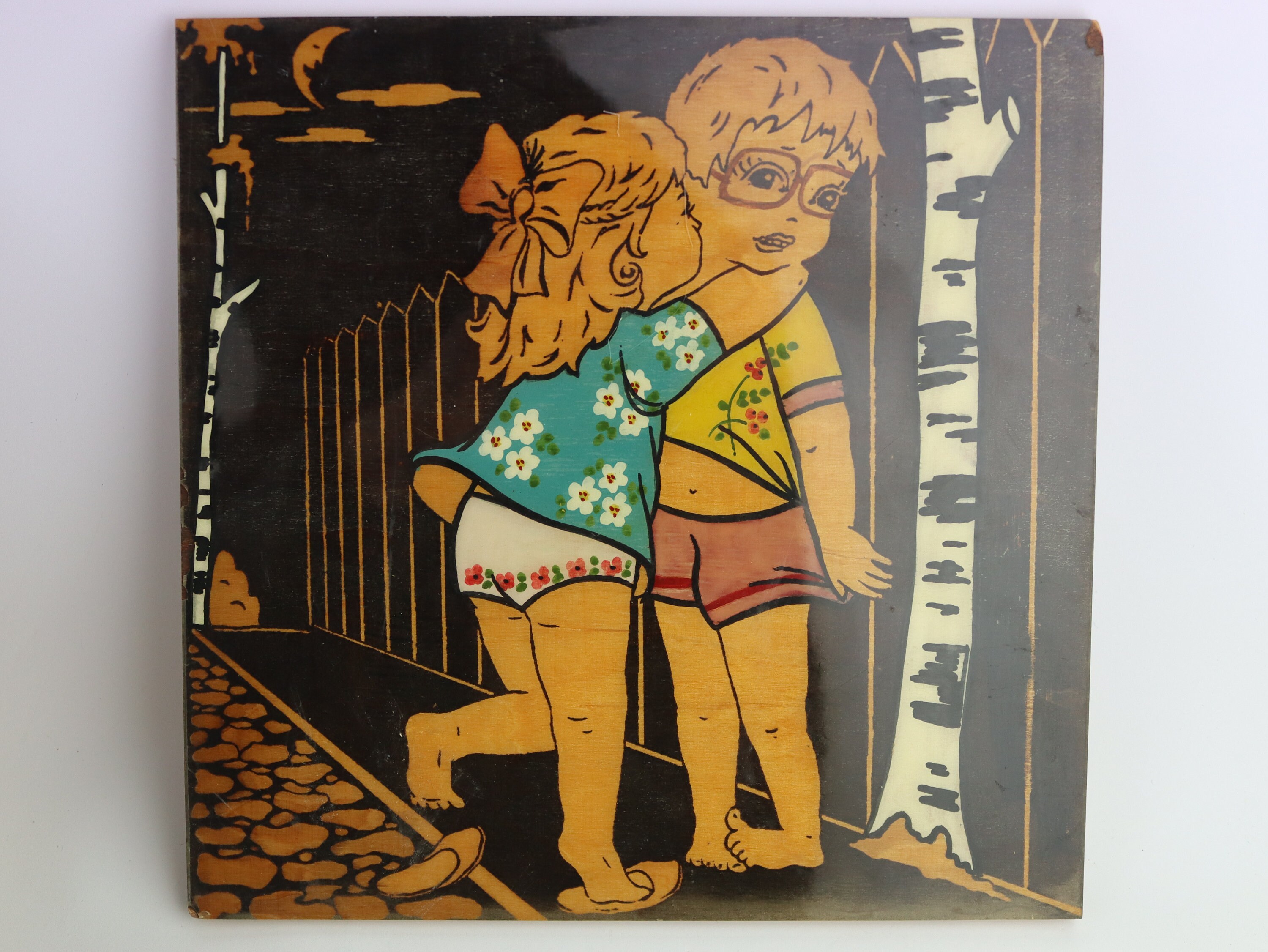 1980 Vintage Funny Wooden Picture Girl Kissing Boy, Kiss, Love