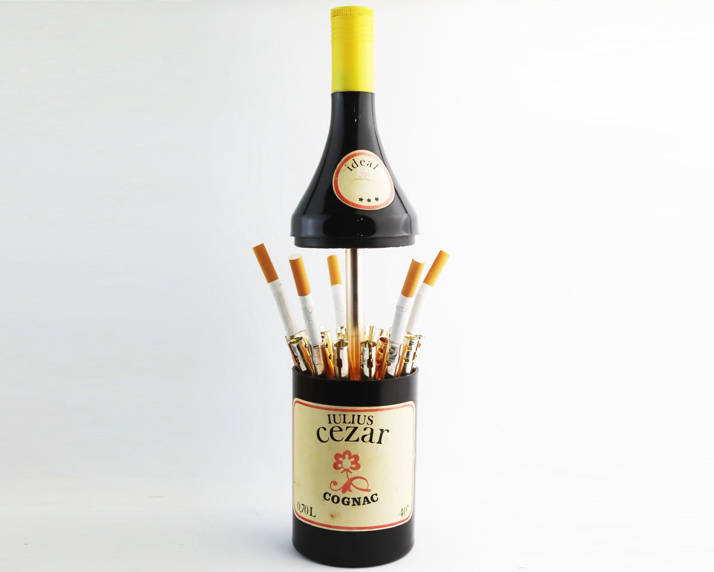 wine bottle cigarette holder Vintage Cigarette Holder in Alcohol Bottle Form, Poland Desk Cigarette Case  Keeper Dispenser Carousel Vodka Bottle in Form of Cognac Caesar