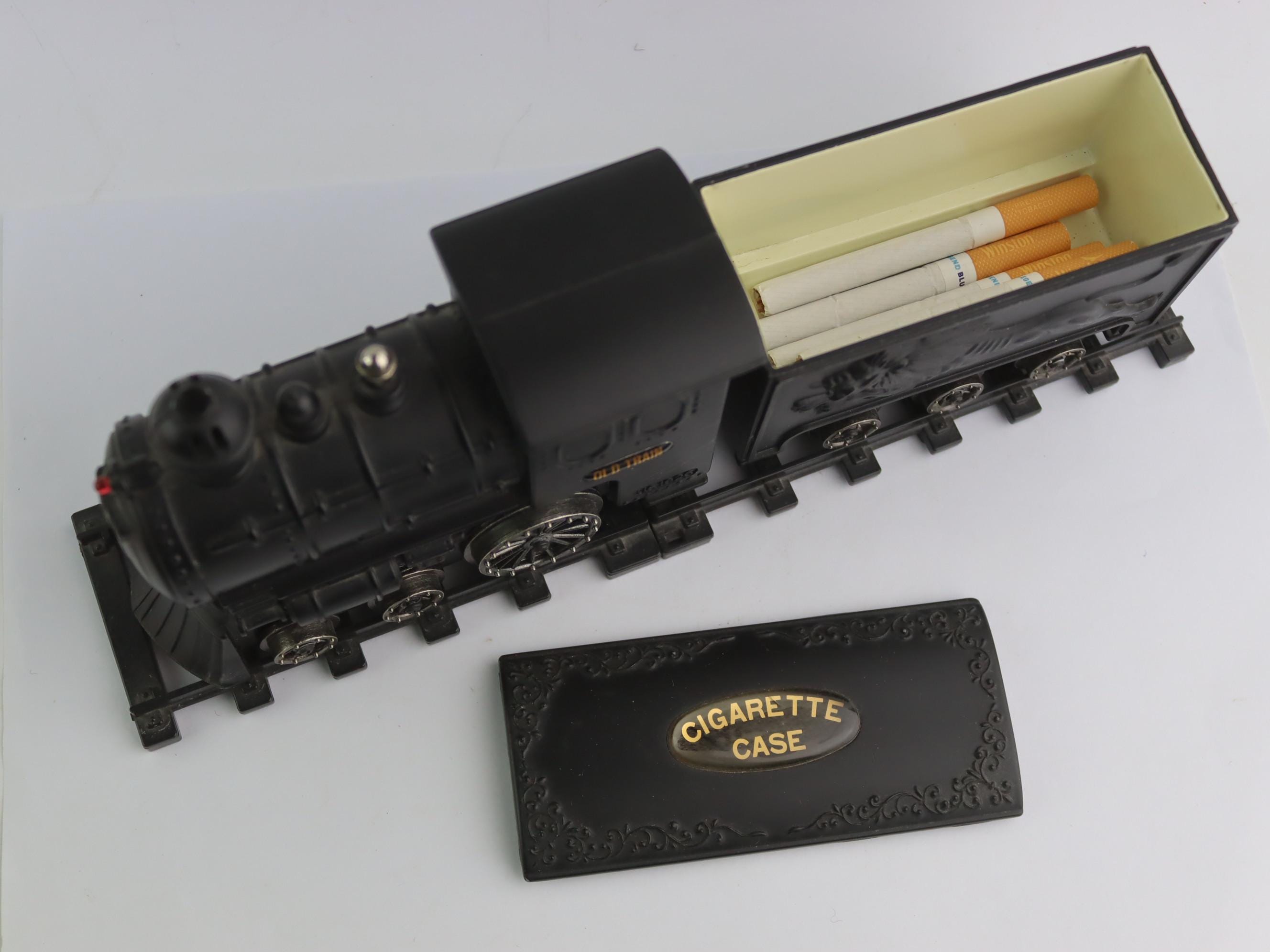 Vintage Metal Cigarette Case and Gas Lighter Locomotive Js
