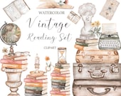 Vintage Reading Clipart, Watercolor Retro Books clip art, Type Writing Machine, Bust Statue, Earth Globe, Antique Travel Suitcase, Herbs 29