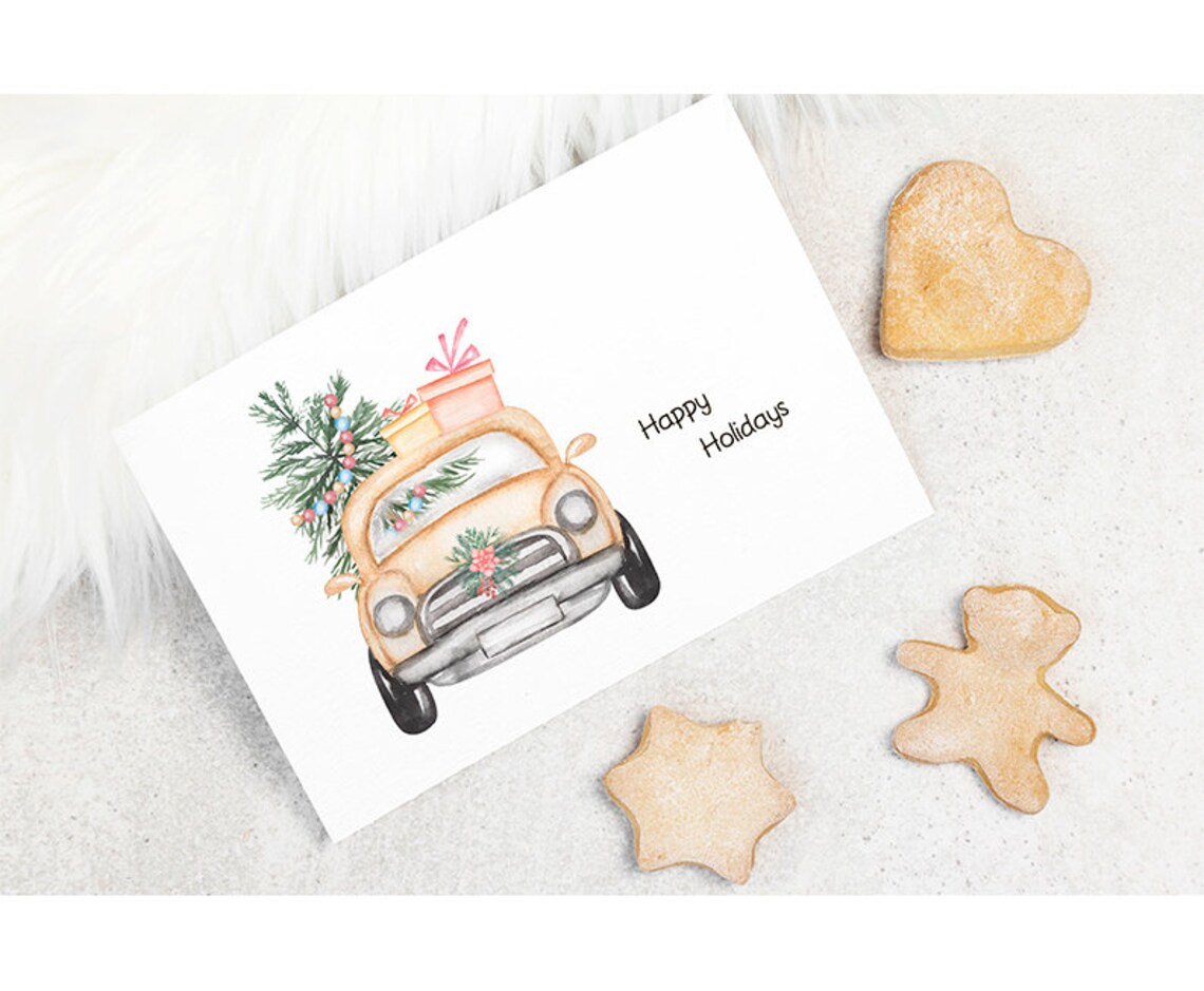 Christmas Car Clipart Watercolor Vintage Transport Winter | Etsy