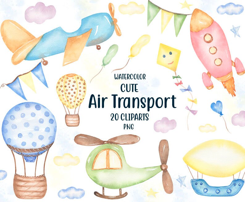 Rocket Helicopter Kit Plane clip art Watercolor Air Transport Clipart Machine Kids Party Balloon Boy Birthday Clipart 70 Space Ship