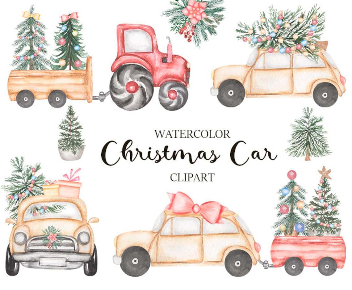 Christmas Car Clipart Watercolor Vintage Transport Winter | Etsy