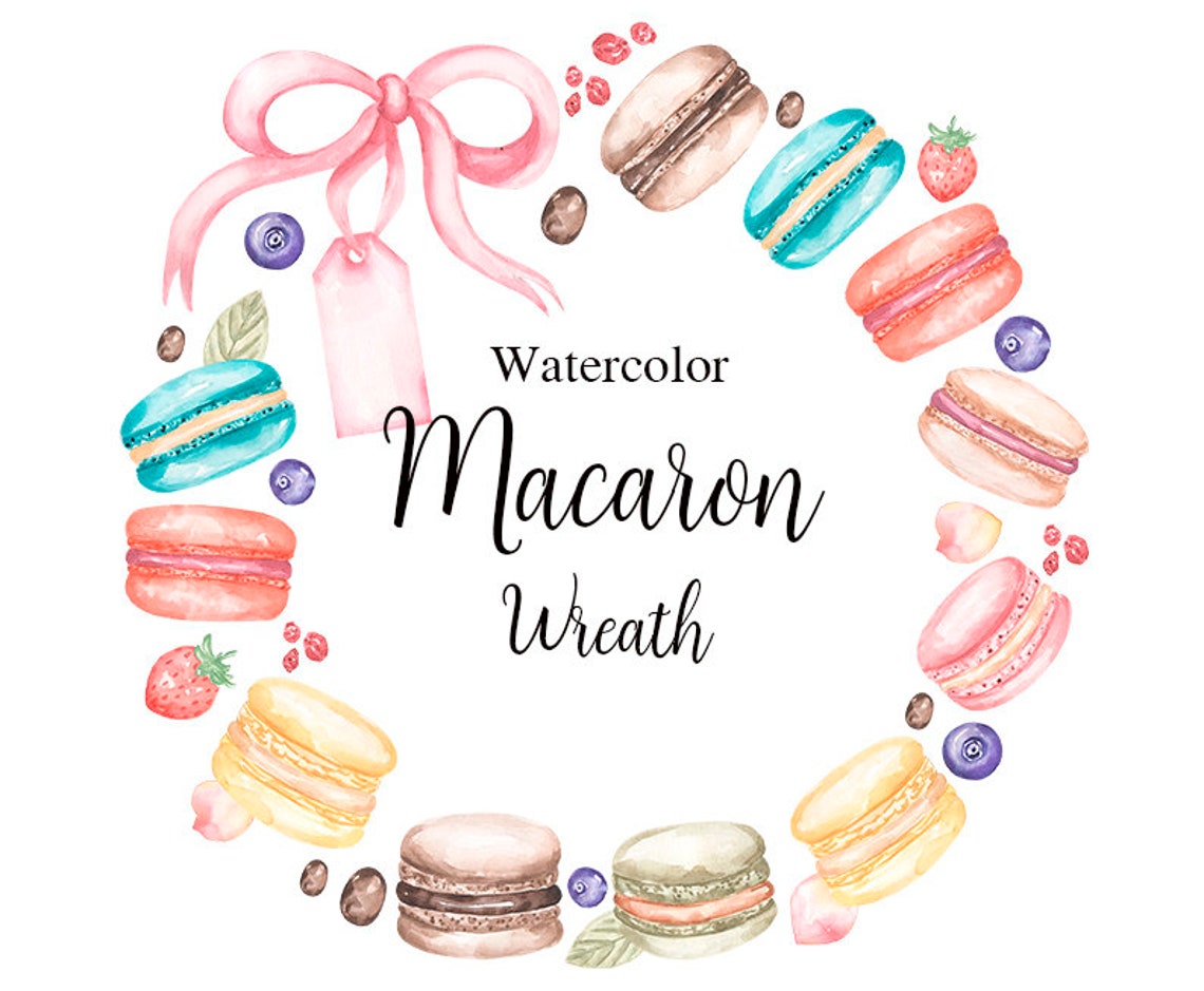 Watercolor Macaron Wreath Clipart French Bakery dessert | Etsy