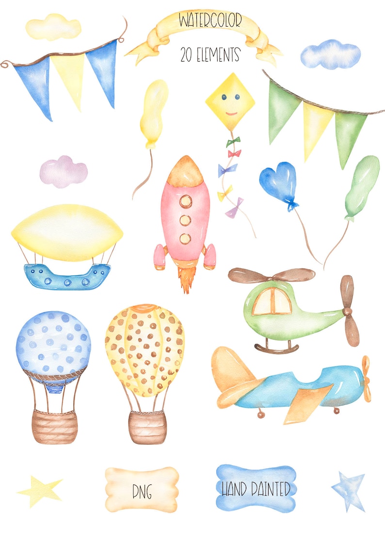 Rocket Helicopter Kit Plane clip art Watercolor Air Transport Clipart Machine Kids Party Balloon Boy Birthday Clipart 70 Space Ship