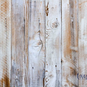 May include: A close-up of a weathered white wood plank wall with a light brown stain. The wood planks are arranged vertically and have a rustic, distressed look.