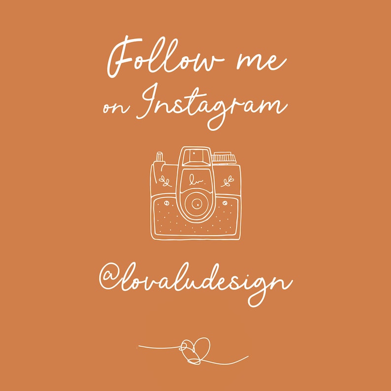 May include: A white outline of a vintage camera with the text "Follow me on Instagram @lovaludesign" and a heart at the bottom.