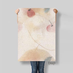 Peut inclure: Impression d'art abstrait avec des formes de style aquarelle dans des tons rose pâle, pêche et bleu sur un fond texturé blanc cassé. Des lignes délicates et le mot "lovaco" en bas à droite ajoutent des détails à l'œuvre.