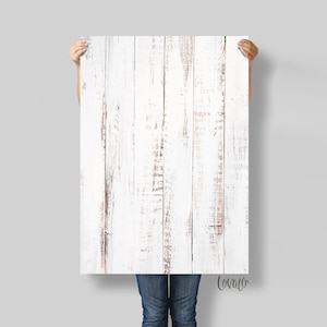 May include: Whitewashed wood backdrop with a distressed, rustic look. The wood planks are arranged vertically and have a faded white paint finish with visible wood grain.