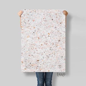 May include: A white terrazzo print with pink and brown flecks. The print is held up by a person's hands. The text "Lovalo" is in the bottom right corner.
