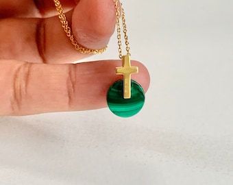 Natural Malachite Pendant / Silver Pendant With Chain / Gemstone Cross Pendant /  One of A kind / Religious Pendant / Everyday Necklace