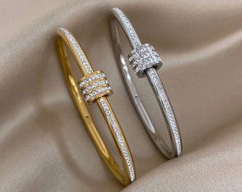 Single Row CZ Bangle Bracelet - Gold and Silver