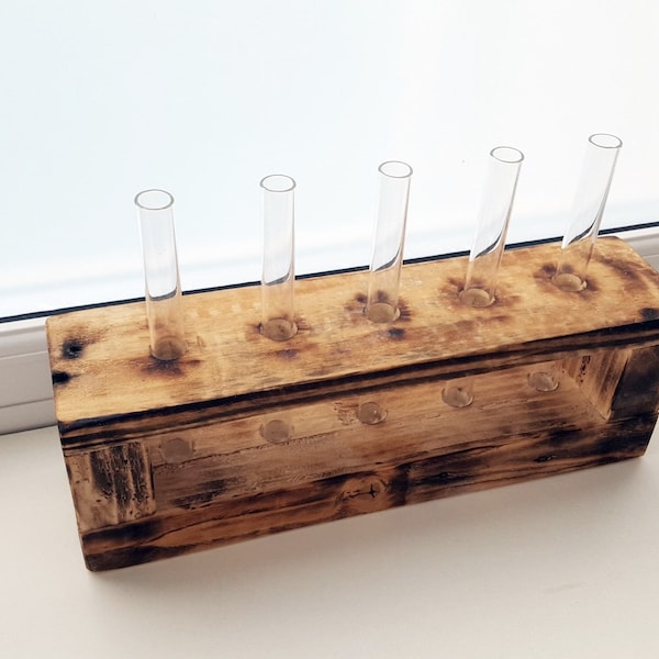 Test Tube Stem Vase, Christmas Gift, Rustic Wood Home Decor, Tube Vase Rack, Pallet Wood Flower Stand,  Recycled Wood Vase with burnt edges