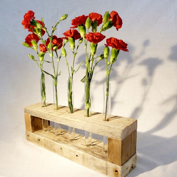 5 Glass Stem Test Tube Vase Rack,  Rustic  Home Decor,  Pallet Wood Flower Stand,  Recycled Wood Vase, Test Tube Stem Vase