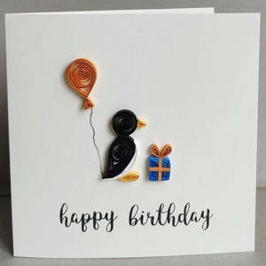 Unique Handmade Quilled Birthday Card Penguin with Balloon and Present