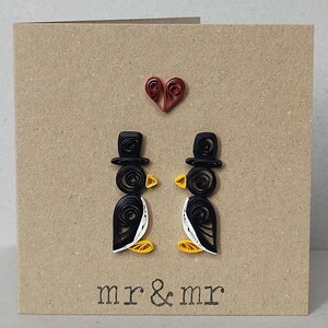 Tarjeta de boda única hecha a mano con pingüinos en filigrana para Sr. y Sr.