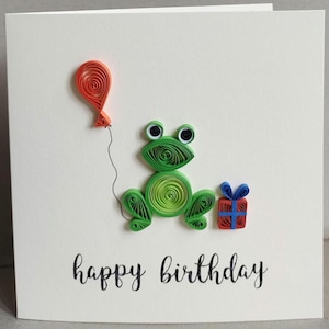 Unique Handmade Quilled Birthday Card Frog with Balloon and Present