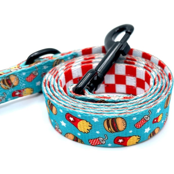 Dog Leash, Dual Sided Leash, Printed Leash, Pet Leash for Small Medium and Large Dogs, Puppy Leash (Fast Food Fun - Hamburger, Fries, Soda)