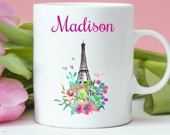 Personalized name mug for her, Floral Name Mug, Custom Personalized Mug, Floral Eiffel Tower mug, Personalized Gift, Custom Coffee Cup