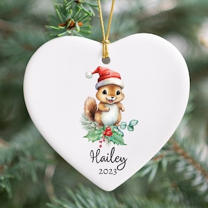 Squirrel Heart Ornament, Personalized Baby Ornament, First Christmas Ornament, Personalized Kid Ceramic Ornament, Holiday Ornament Christmas