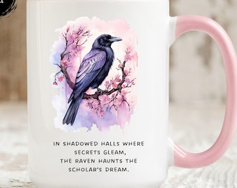 Halloween Mug, Poetry Coffee Cup, Cool Raven Coffee Mug, Gothic Raven Halloween Mug, Boho Crow Mug, Dark Academia, Raven Goblincore Mug