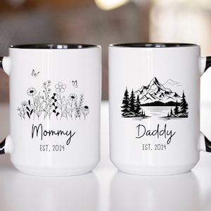 Mommy & Daddy Mugs, Mountain Tree Wildflower Mug Set For Mommy Daddy To Be, New Mom Dad Gift, New Parents Baby Shower Custom Title/Year Mugs