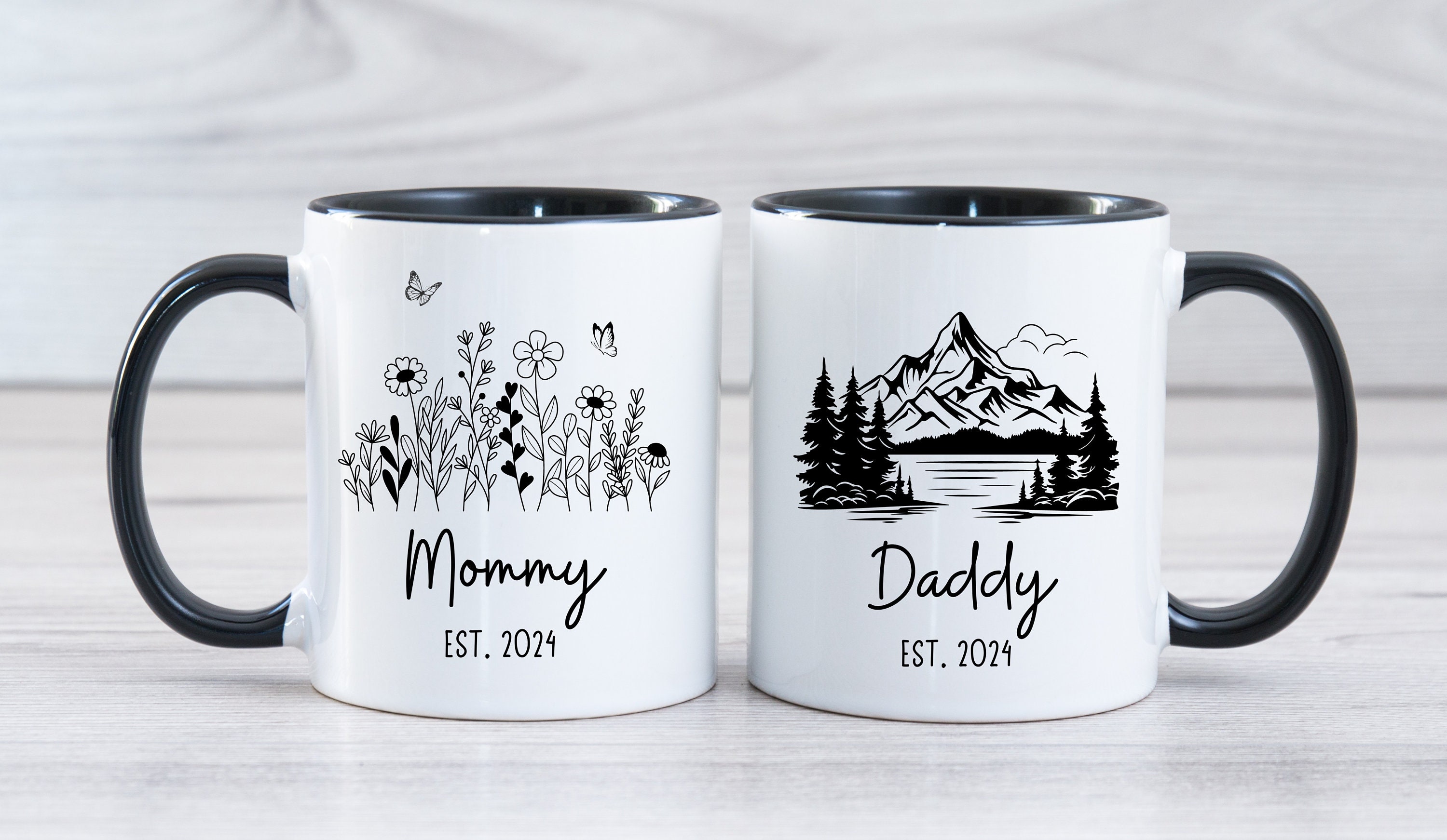 Mommy & Daddy Mugs, Mountain Tree Wildflower Mug Set for Mommy
