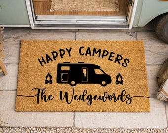 Alfombra de fibra de coco personalizada para camping - Nombre familiar - Regalo para campistas