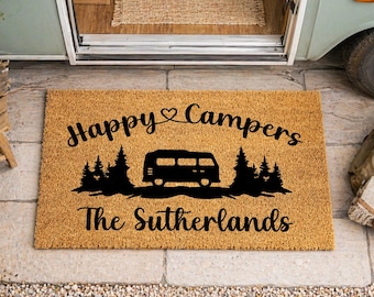 Felpudo personalizado para autocaravana - Felpudo Happy Campers con nombre de familia