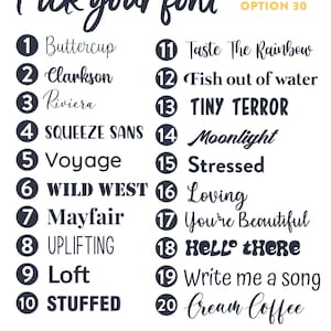Puede incluir: Un gr&aacute;fico que muestra opciones de fuentes para proyectos de dise&ntilde;o. El texto "Pick your font" est&aacute; en la parte superior, seguido de una lista de nombres de fuentes y n&uacute;meros, como "Buttercup" y "Clarkson". La imagen incluye el texto "FOR DESIGN OPTION 30".