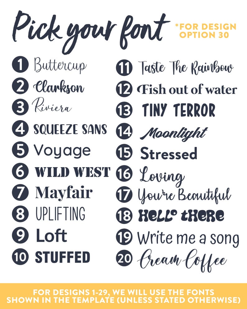 Puede incluir: Un gr&aacute;fico que muestra opciones de fuentes para proyectos de dise&ntilde;o. El texto "Pick your font" est&aacute; en la parte superior, seguido de una lista de nombres de fuentes y n&uacute;meros, como "Buttercup" y "Clarkson". La imagen incluye el texto "FOR DESIGN OPTION 30".