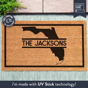 Paillasson d'État de Floride - monogramme de famille de Floride - carte d'État personnalisée - tapis d'État personnalisé - tapis Silhouette d'État - cadeau de pendaison de crémaillère