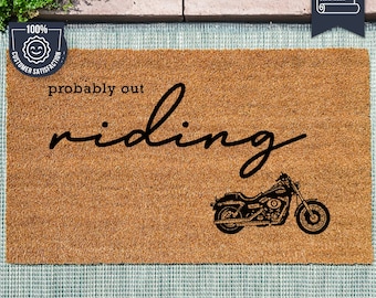 Probably Out Riding - Motorbike Mat - Personalized Welcome Mat - Motorsport Travel Design - Custom Coir Doormat